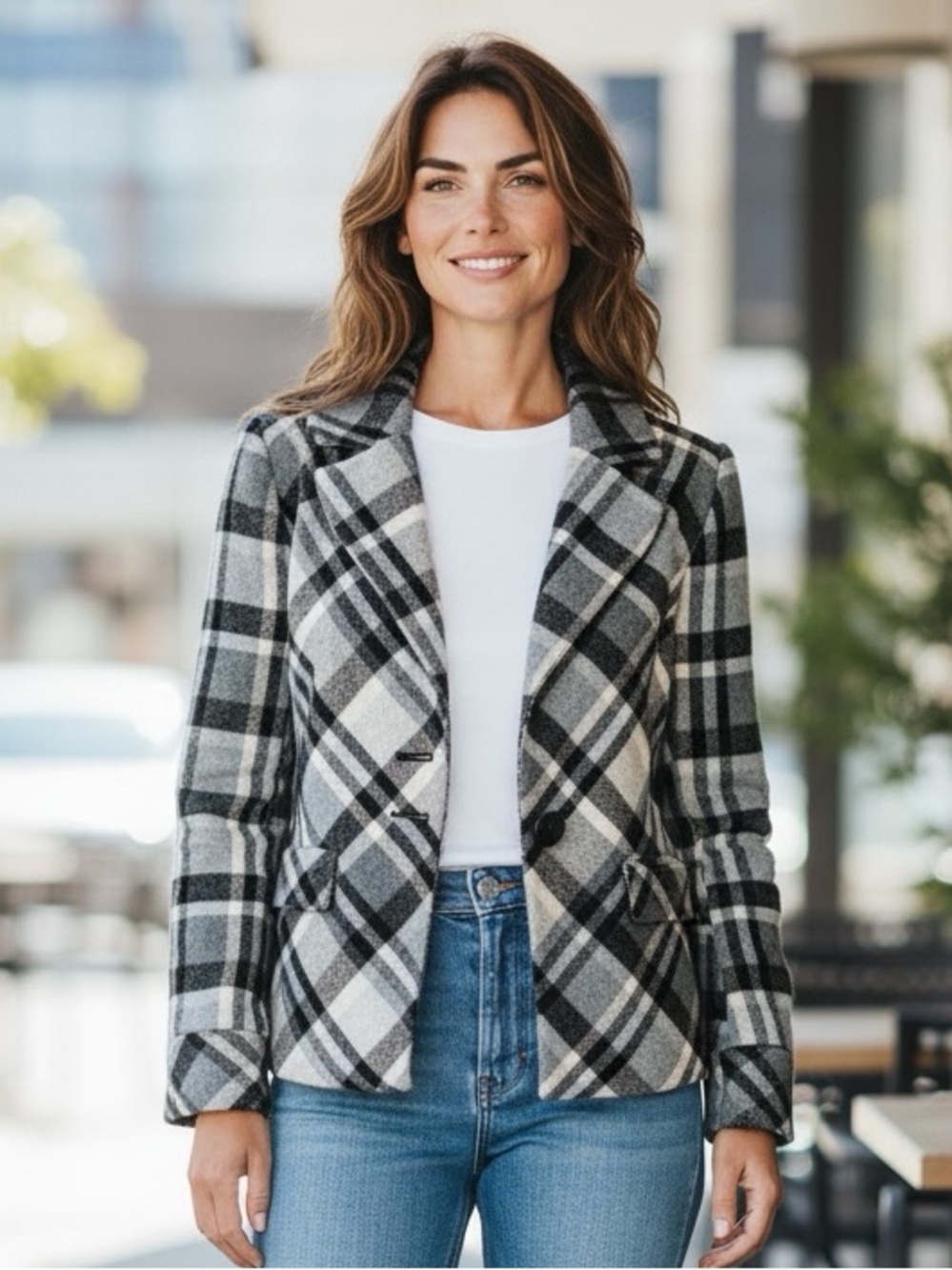 Nine West Coat Jacket Wool Cropped Swing Plaid Size 10